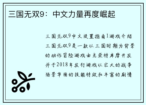 三国无双9：中文力量再度崛起
